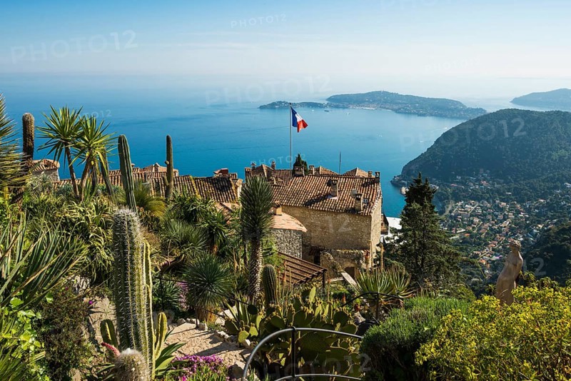 Picturesque mountain village overlooking the sea, Jardin Exotique, Èze, Cote d'Azur, Alpes-Maritimes, Provence-Alpes-Cote-d'Azur, South of France, France