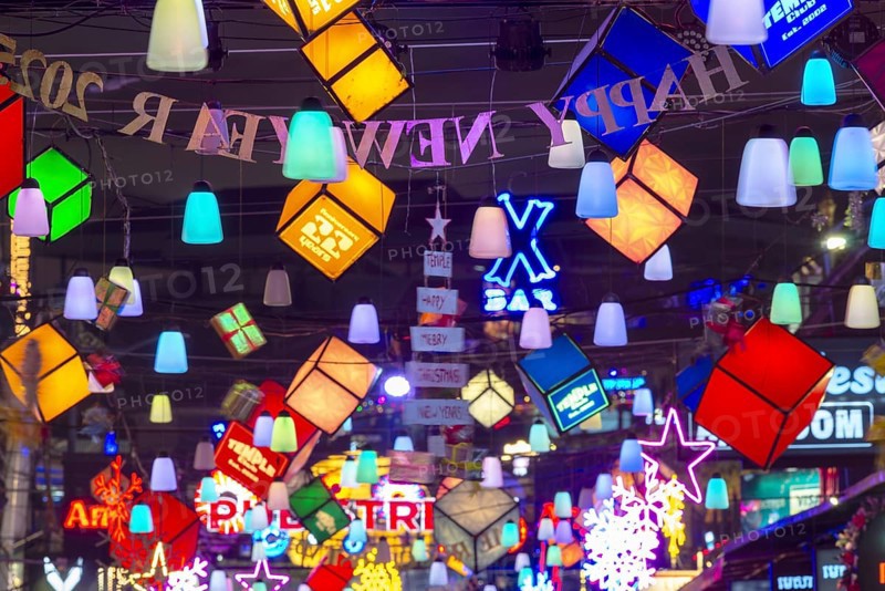 Neon lights, Pub Street in the evening, entertainment district with bars and restaurants, Siem Reap, Cambodia