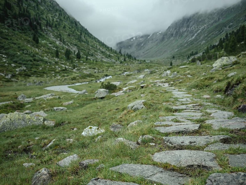 Historical sower's path along which Holocaust survivors travelled from Austria to Italy in 1947 in order to embark for Palestine, Krimmler Tauern, Pinzgau, Salzburg, Austria