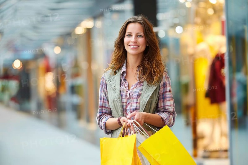 Beautiful young happy attractive woman with bags of different colours in shopping center mall shopping for brand name fashion items, AI generated