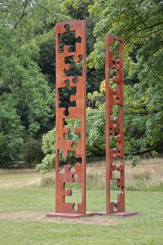 Sculpture Fingerprint VI by Georg-Friedrich Wolf 2019, Blickachsen 14, modern art, abstract art, abstract, abstract, puzzle pieces, puzzle pieces, puzzle, puzzle, stele, rusty, rust, rusted, corroded, steel sculpture, spa garden, Bad Homburg, Taunus, Hesse, Germany