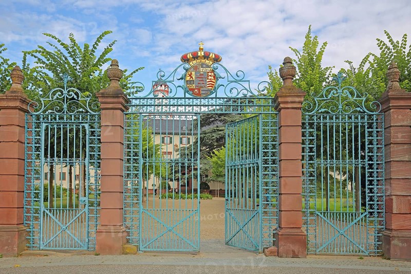 Gate entrance with metal gate, decorations and coat of arms, white tower, wrought ironwork, handicraft, metal grille, door, open, open, castle park, castle, Bad Homburg, Taunus, Hesse, Germany