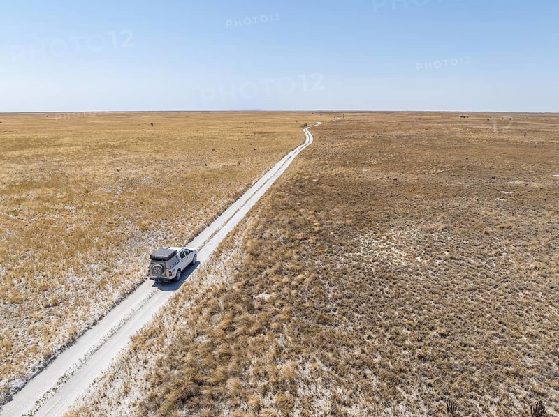 Off-road vehicle driving on a sandy track through a vast dry landscape with yellow grass, Sowa Pan, Makgadikgadi salt pans, Botswana