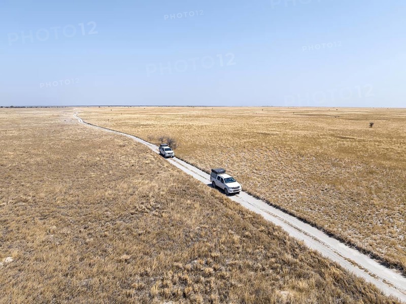 Two off-road vehicles drive on a sandy track through a vast dry landscape with yellow grass, Sowa Pan, Makgadikgadi salt pans, Botswana
