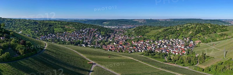 Widescreen panorama of a village surrounded by vineyards and green hills, Uhlbach, near Stuttgart, Neckar valley, Baden-Württemberg, Germany