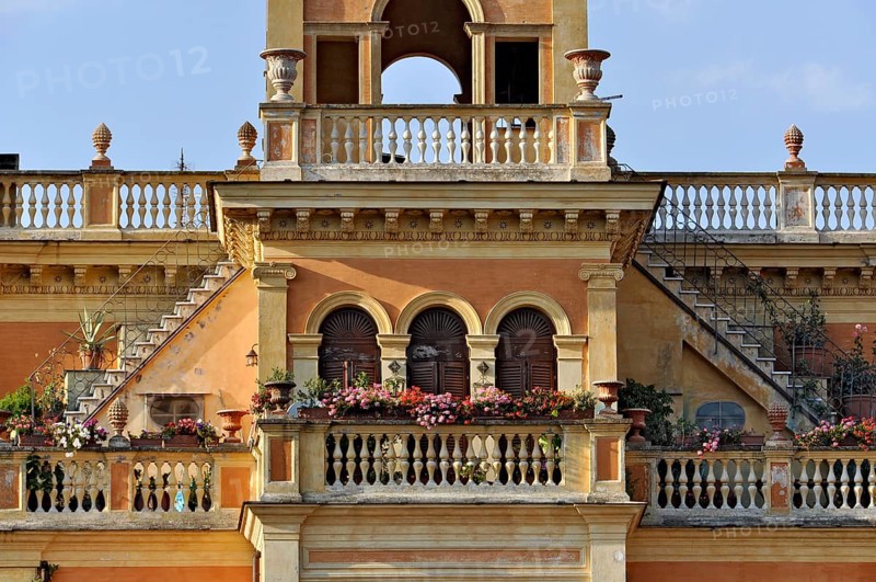 Magnificent city villa Palazzo Rosi with terraces, balconies, balustrades, stairs, arches, columns, floral decorations, Belle Epoque, Art Nouveau, historic centre, Bracciano, metropolitan city of Rome, Lazio, Italy