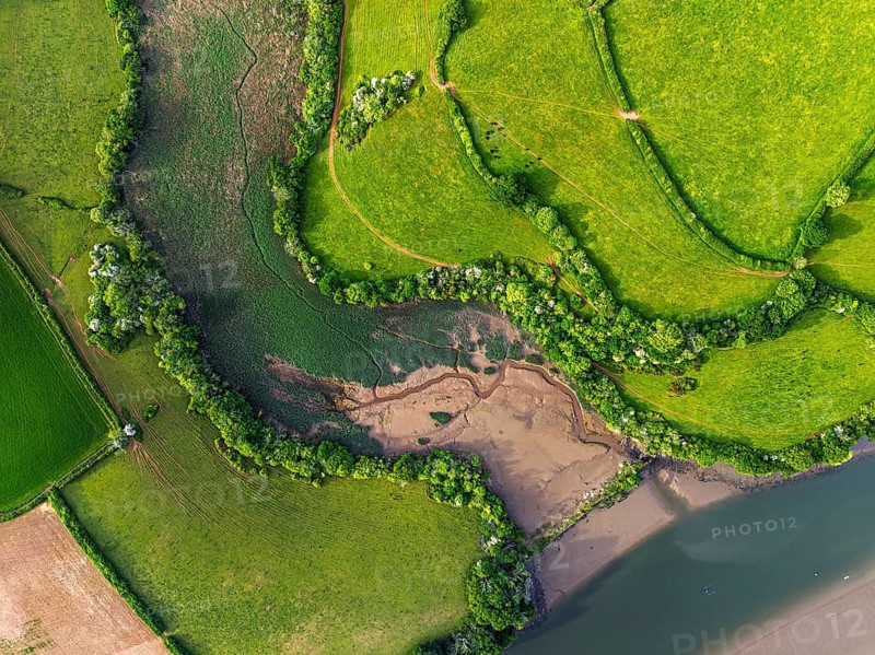 Top Down over Marshes over River Dart from a drone, Stoke Gabriel, Totnes, Devon, England, United Kingdom