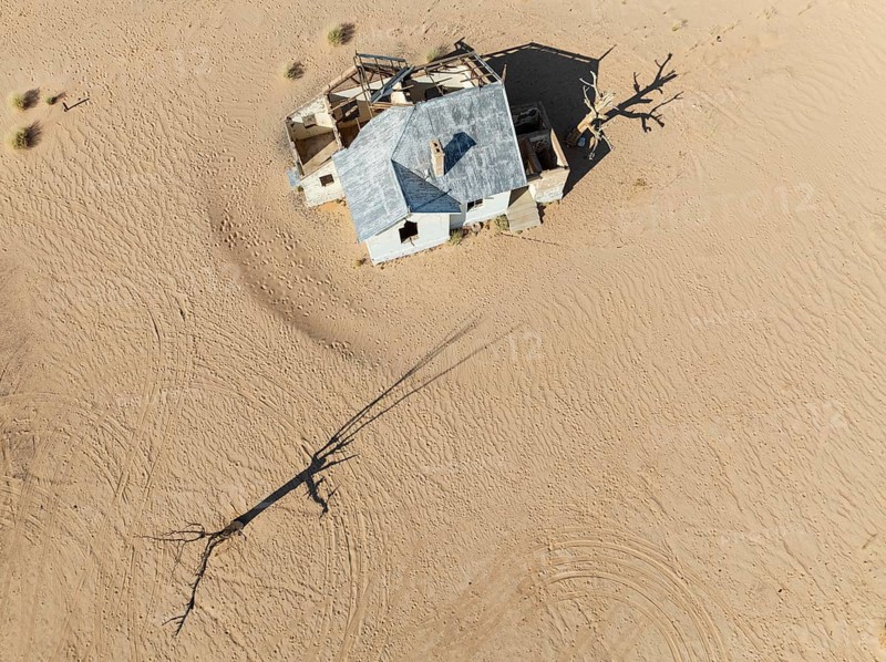 The long abandoned Garum train station in the southern Namib Desert. Aerial view. Drone shot. Namibia