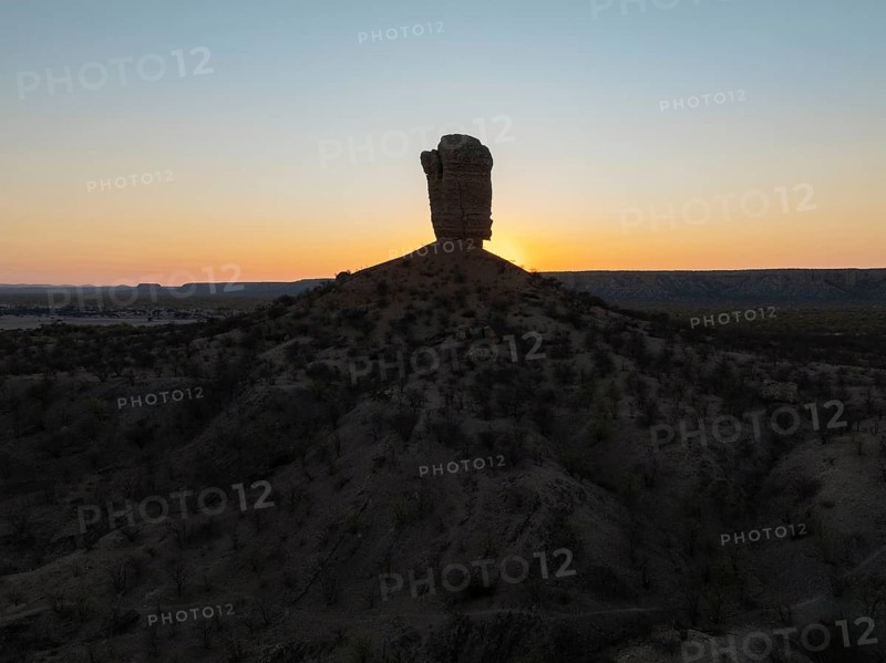 The Vingerklip (rock finger) at sunrise. Aerial view. Drone shot. Damaraland, Namibia