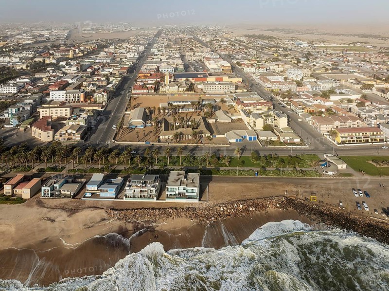 The coastal town of Swakopmund between Namib Desert and Atlantic Ocean. Aerial view. Namibia