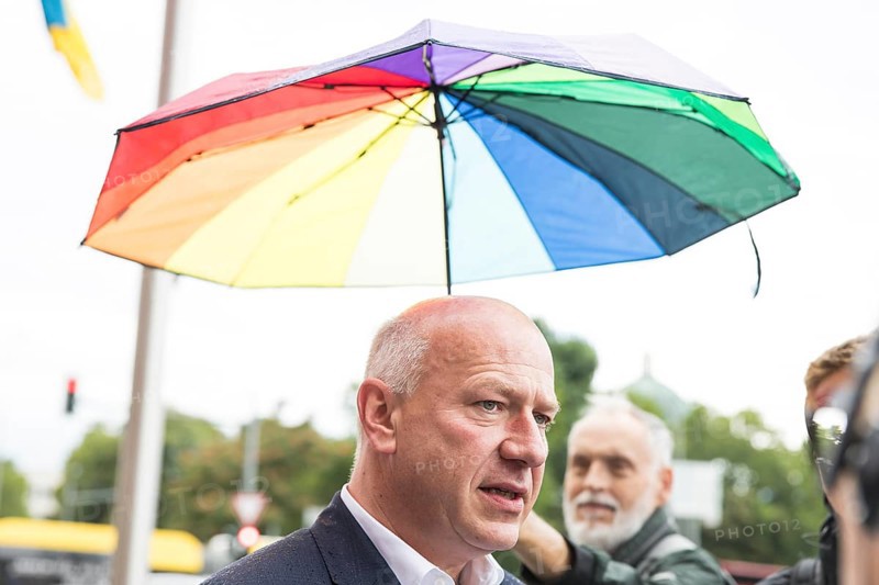 Kai Wegner (Governing Mayor of Berlin) gives interviews after raising the rainbow flag for Pride Week in front of the Rotes Rathaus in Berlin on 9 July 2025