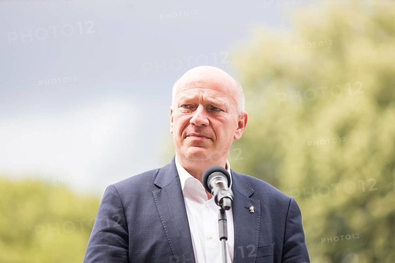 Kai Wegner (Governing Mayor of Berlin) gives a speech in front of the raising of the rainbow flag for Pride Week in front of the Rotes Rathaus in Berlin on 9 July 2025
