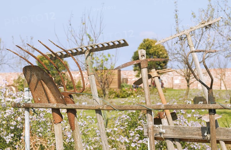 Garden and garden tools on the island of Mazzoboro, Venice, Veneto, Italy