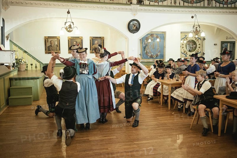 Traditional traditional costume anniversary of the Trachtenverein Schliersee Stamm 1888, dance in the hall of the Bauerntheater, Schliersee, Upper Bavaria, Bavaria, Germany, 2025