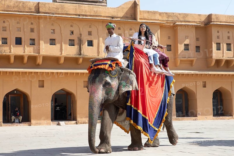 Indian mahout and Indian woman riding a colourfully painted elephant at the Amber Fort or fortress, Jaipur, Rajasthan, India