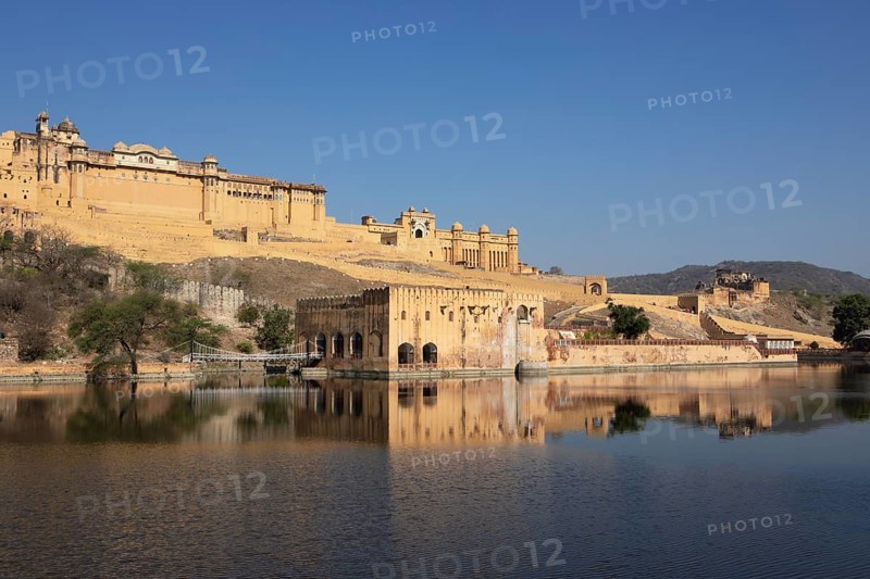 Amber Fort or fortress at Maota Lake on the Aravalli hill range, reflection in the water, Jaipur, Rajasthan, India