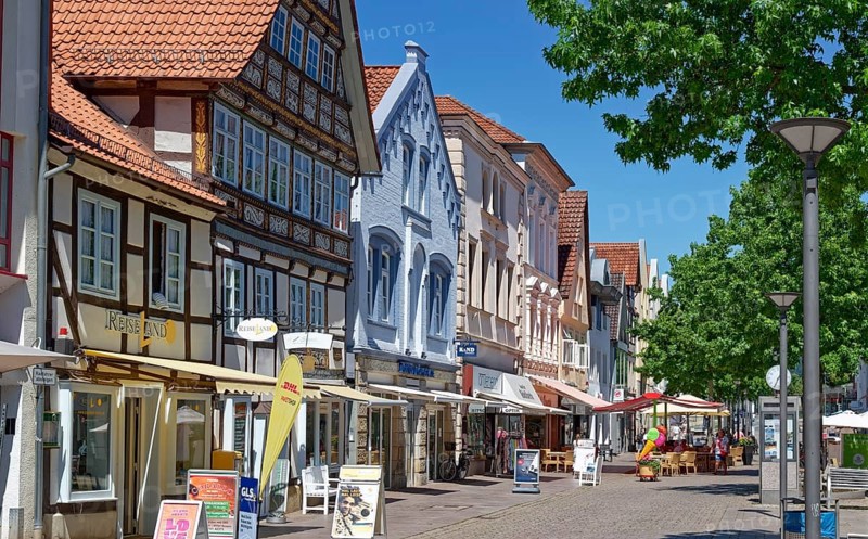 Half-timbered houses on Weserstrasse in the historic old town of Rinteln. Lower Saxony, Germany
