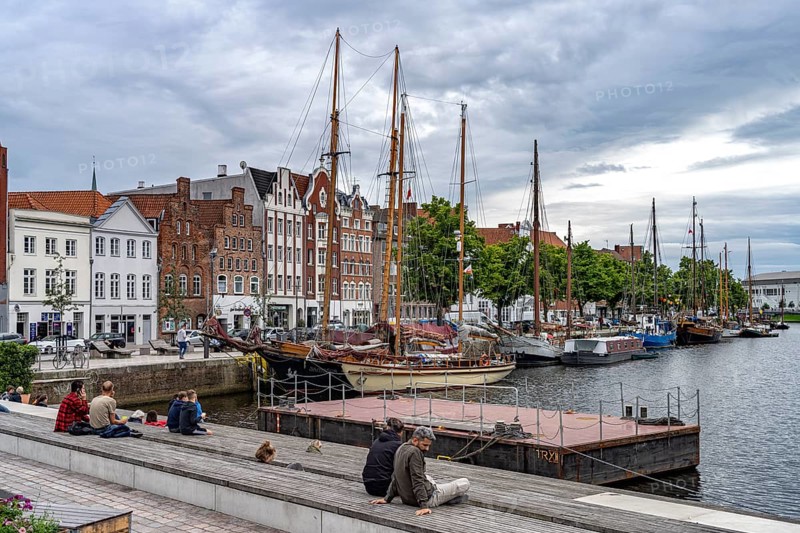 Traditional sailing ships in the museum harbour of the Hanseatic city of Lübeck, Schleswig-Holstein, Germany