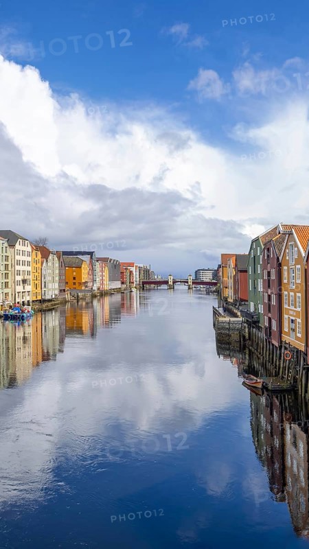 Norway, scenic Trondheim town. Bakklandet, a famous tourist travel destination with colorful houses