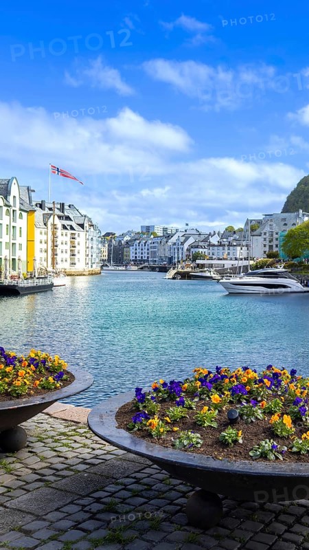 Alesund, port town on the west coast of Norway famous for Art Nouveau architecture and fjords