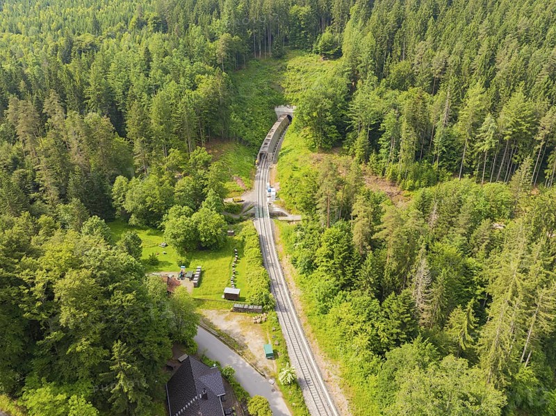 Green forest landscape with railway tracks and tunnel, nature surrounds the line, construction of the Hermann Hesse Railway, Calw, Germany
