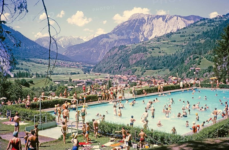 Crowded swimming pool on sunny summer day Oetz, Imst district, Tyrol, Austria, Europe, 1970