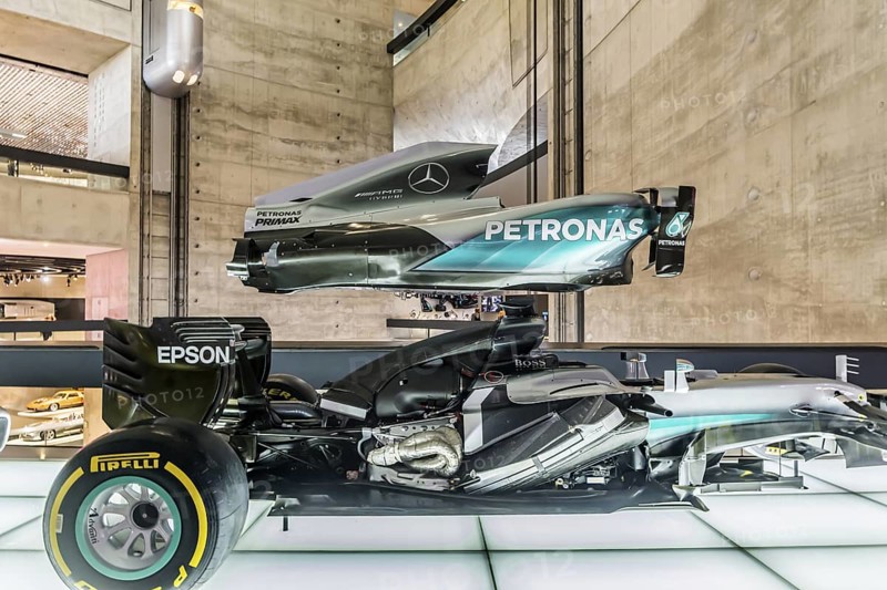 The Mercedes-Benz Museum in Stuttgart presents a journey through the automotive history of the global corporation. Myth 7: Racing cars and Silver Arrows - races and records. The history of the Mercedes star begins with the first automobile in 1886. Stuttgart, Baden-Württemberg, Germany