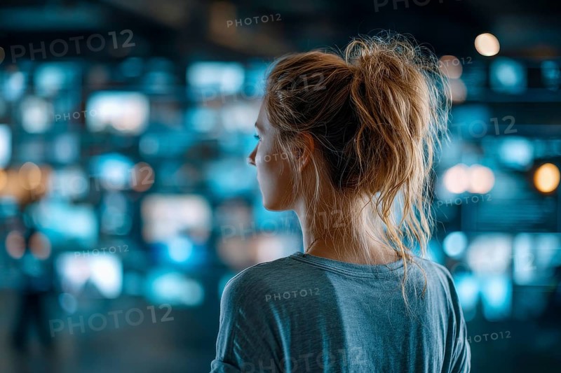 Concept of future entertainment and communication. Attractive young lady looking at wall of TVs, AI generated