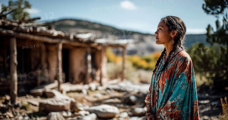 Beautiful and attractive native indigenous north american woman in first nation clothes in authentic nature surrounding, AI generated