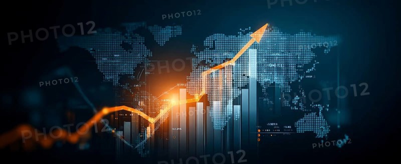 Stock market and economy growth trend fluctuations. Advanced graph business analytic tool that shows economy trends and charts in international global commerce, AI generated