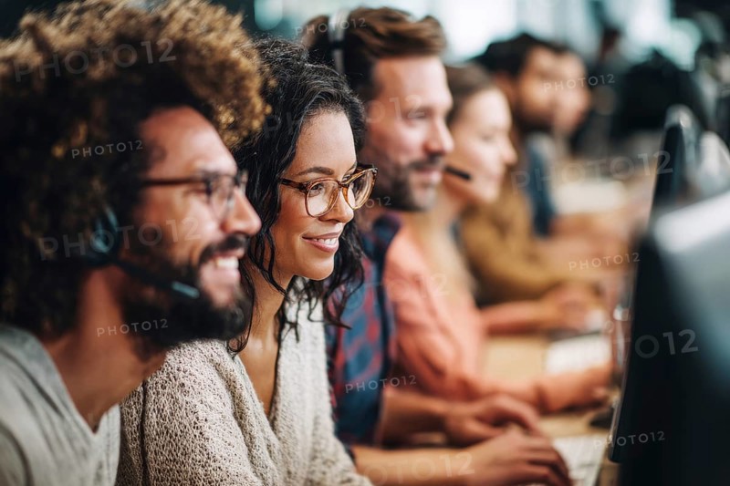 Diverse employees in corporate environment support center analyzing data and helping customers to resolve issues, AI generated