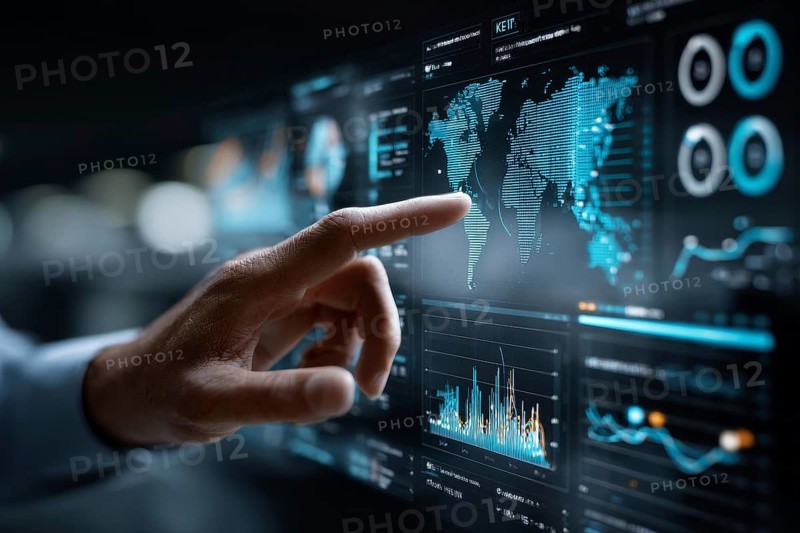 Stock market and economy growth trend fluctuations. Stock broker tracking recession or growth displayed on advanced graph business analytic tool, AI generated