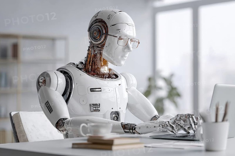Concept of human and AI Artificial intelligence cooperation and coexisting while increasing productivity in corporate environment, AI generated