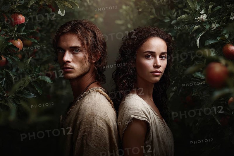 Bible story of Adam and Eve in Paradise Garden of Eden. Legend of Original sin and Temptation. Place of perfection for humans until the expulsion happened, AI generated