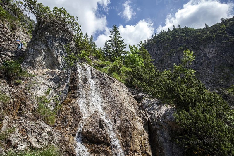 Gaißalpbach waterfall on the hiking trail from the Gaißalpe to Unterer Gaißalpsee, near Oberstdorf, Oberallgäu, Allgäu Alps, Allgäu, Bavaria, Germany