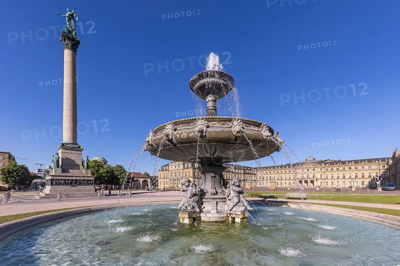 Schlossplatz Stuttgart with New Palace and fountain with fountain bowl. Place of interest in Stuttgart, Baden-Württemberg, Germany