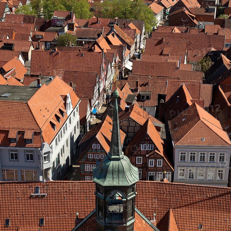 View from the town church tower over the roofs of the historic old town with its four hundred half-timbered houses, Celle, Lower Saxony, Germany