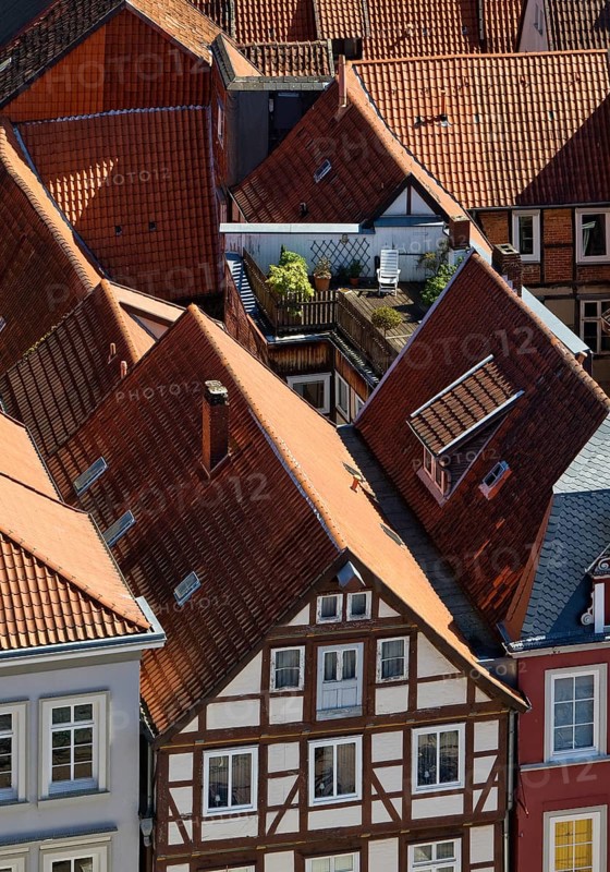 View from the town church tower over the roofs of the historic old town with its four hundred half-timbered houses, Celle, Lower Saxony, Germany