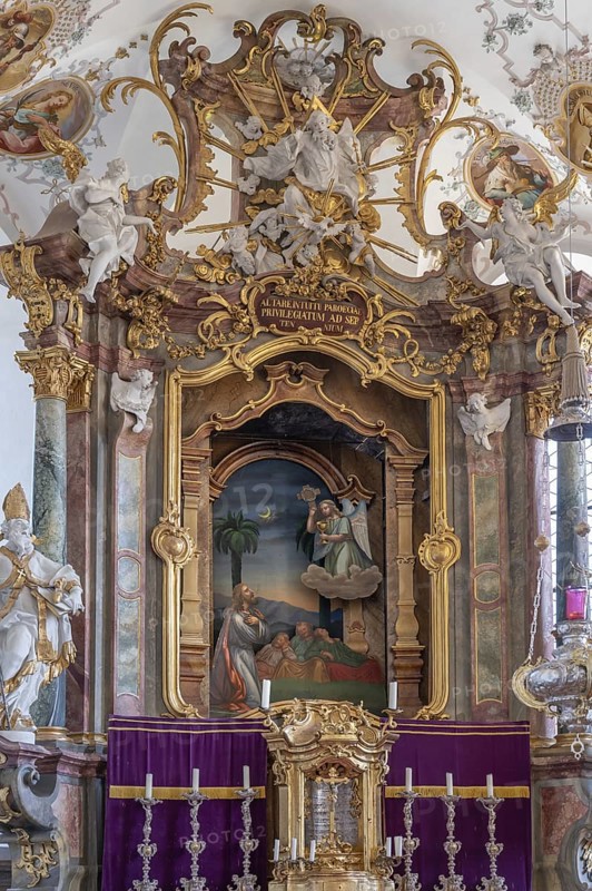 Backdrop altar in the baroque church of St Peter and Paul, Thalstr .31, Peterstahl, Oy Mittelberg, Oberallgaü, Bavaria, Germany