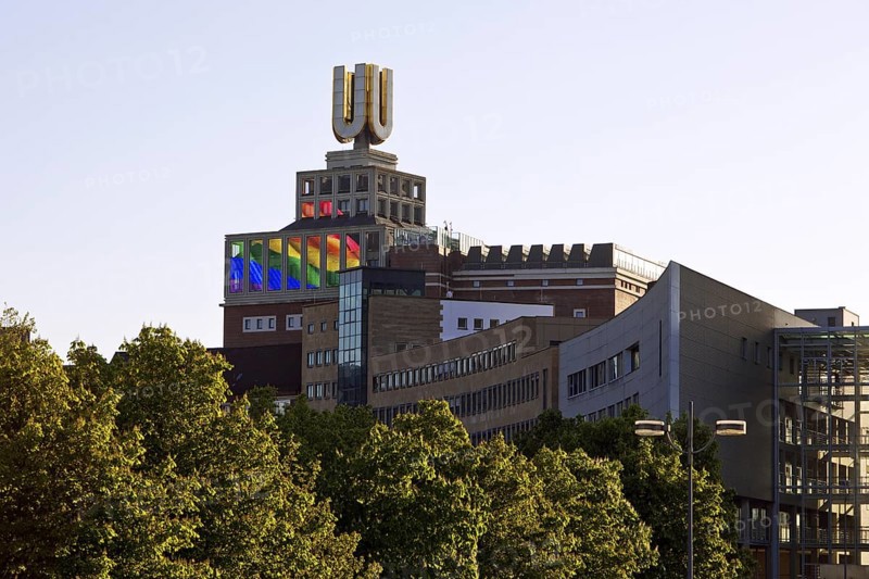 Dortmunder U, Flying pictures by Adolf Winkelmann with green trees, Dortmund, Germany