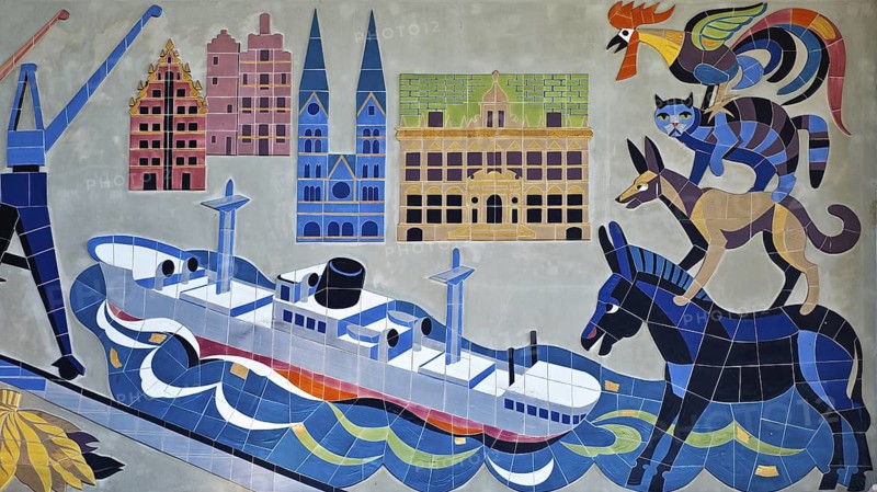Wall mosaic, 1950s in the reception hall, detail of the advertising space for Martin Brinkmann AG with Town Musicians, Bremen Central Station, Germany