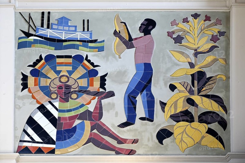 Wall mosaic, 1950s in the reception hall, detail of the advertising space for Martin Brinkmann AG, Bremen Central Station, Germany