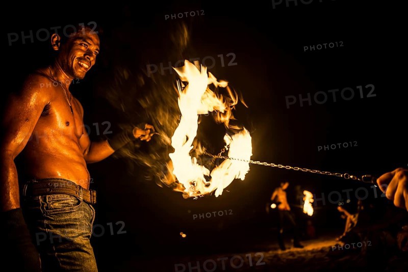 Fire show, jugglers with fire, Ao Nang Beach, sunset, Ao Nang, Krabi, Thailand