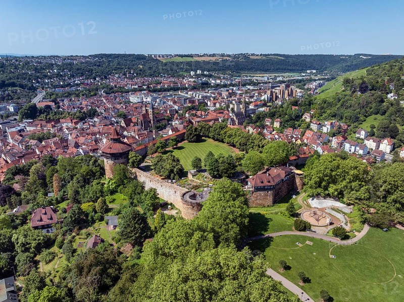 Aerial view of the city of Esslingen am Neckar with Esslingen Castle, district of Esslingen, Baden-Württemberg, Germany