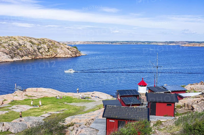 Rinkenäs seaside resort and view of the archipelago, coast of Lysekil, Bohuslän, Västra Götalands län, Sweden, Scandinavia, for editorial use only