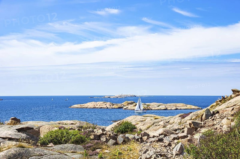 Archipelago with sailing boats off the coast of Lysekil, Bohuslän, Västra Götalands län, Sweden, Scandinavia