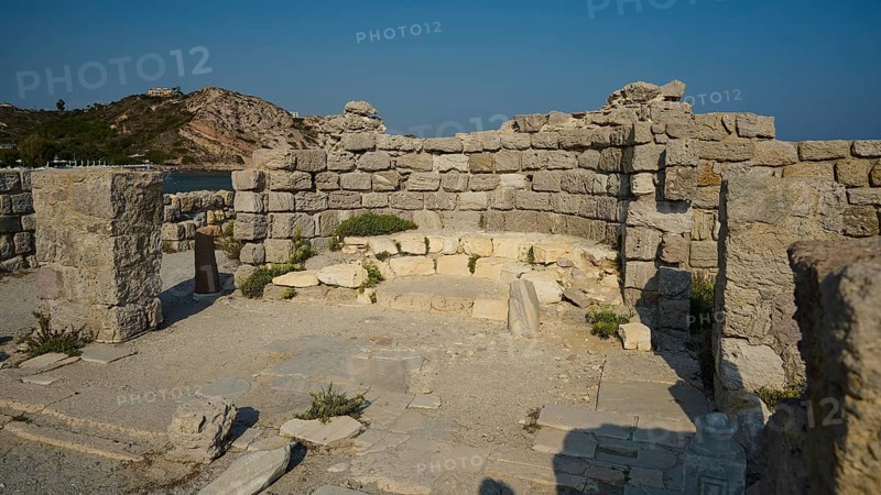 Historic site with preserved stone walls, under a clear sky, Agios Stefanos Beach, Agios Stefanos Basilica, Agios Nikolaos Chapel, Kastri Island, Kos, Dodecanese, Greek Islands, Greece