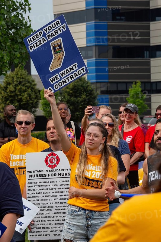 Southfield, Michigan - Nurses rally outside Corewell Health during their fight for a union contract. Corewell is the largest healthcare system in Michigan. Its 10, 000 nurses voted to join the Teamsters in late 2024 and are fighting for their first contract