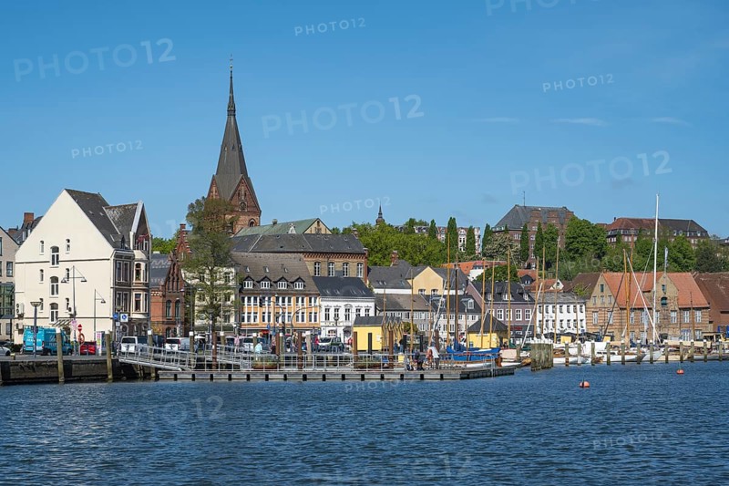 City view with St. Marien church, harbour, Flensburg, Flensburg Fjord, Baltic Sea, Schleswig-Holstein, Germany