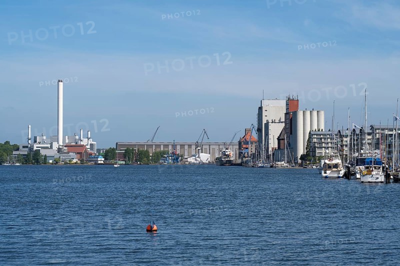 Shipyard office and commercial harbour, Flensburg, Flensburg Fjord, Baltic Sea, Schleswig-Holstein, Germany